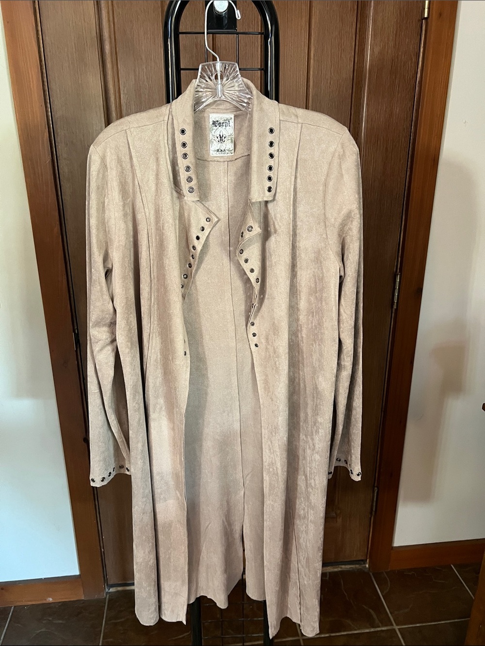 Vocal Beige Suede-Style Long Trench with Stud Accents